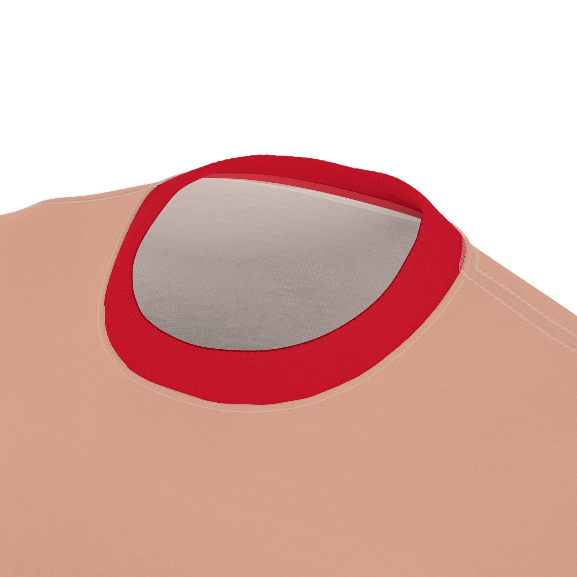 Close-up of ribbed red knit collar on Rent-Stabilized Dream T-Shirt for detail view