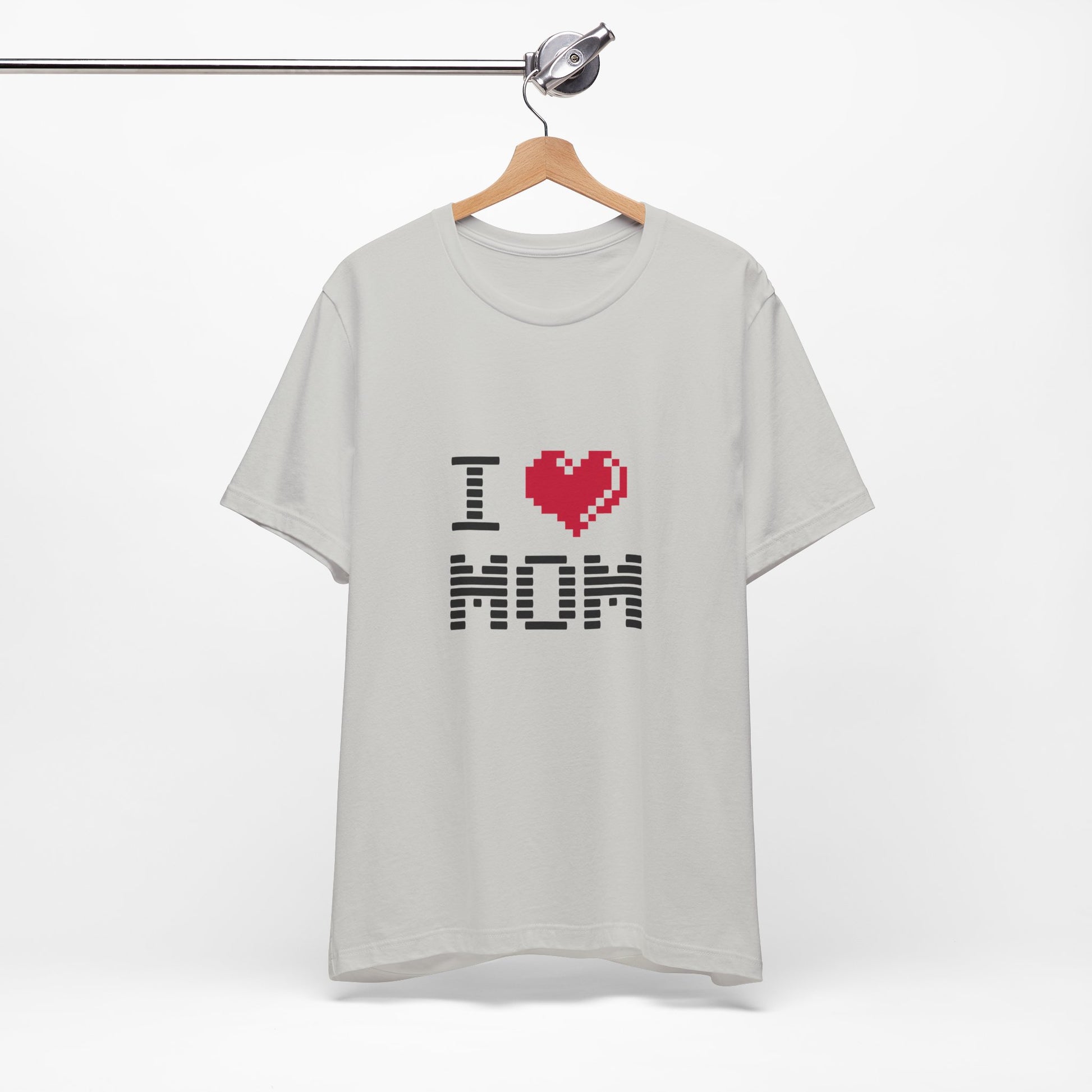 Gray I Love Mom Pixel Tee on hanger against white wall