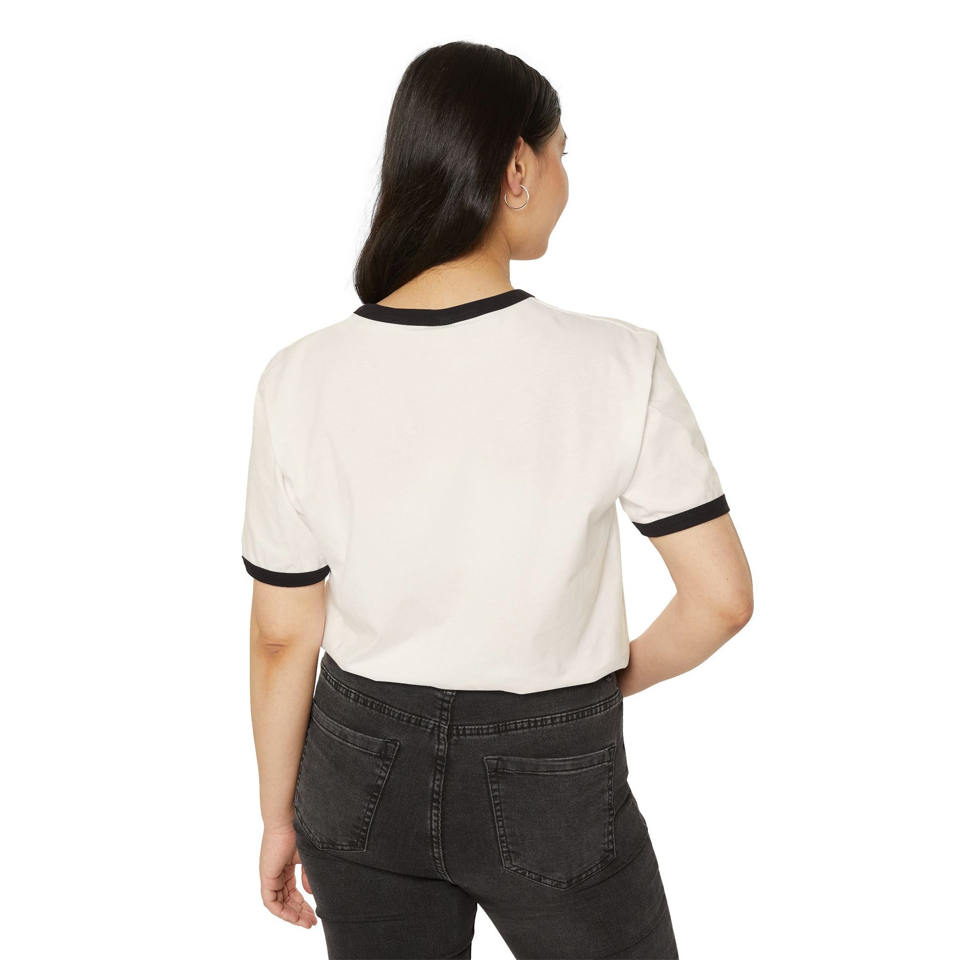 Back view of woman wearing white Clever Quote Unisex T-Shirt with black collar trim