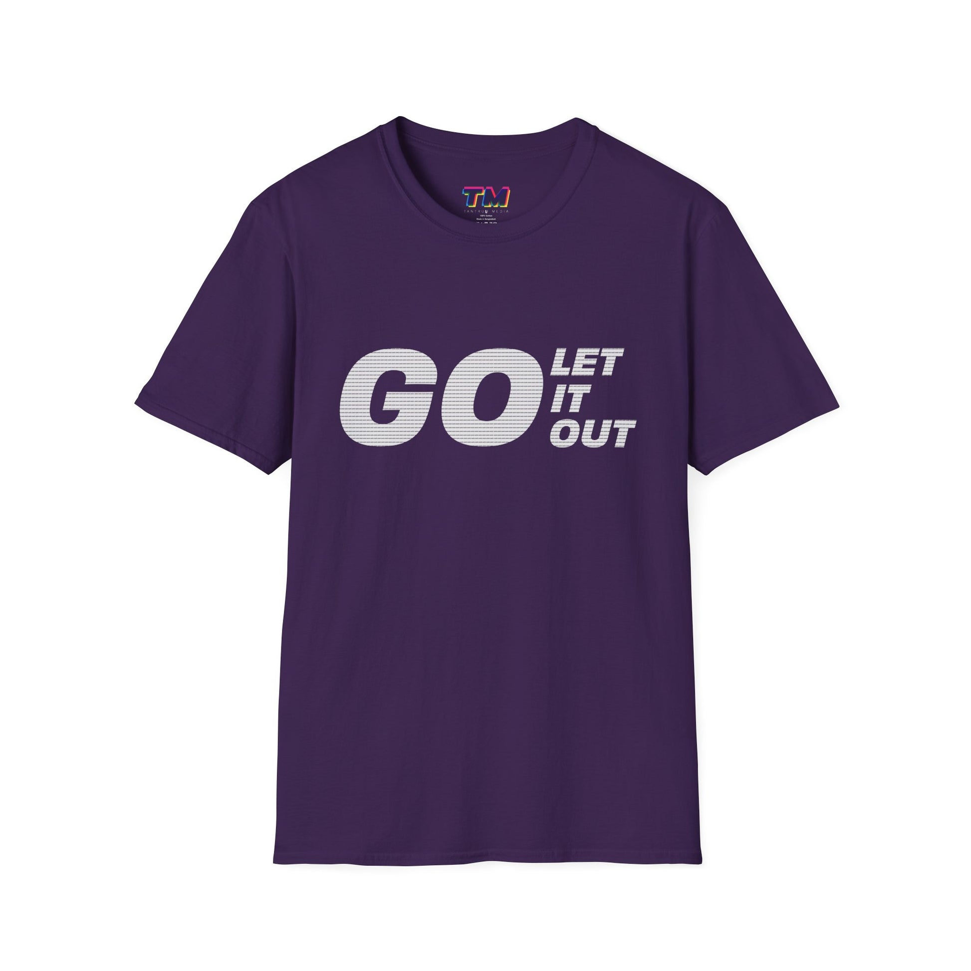 Purple t-shirt with 'GO LET IT OUT' text on a white background