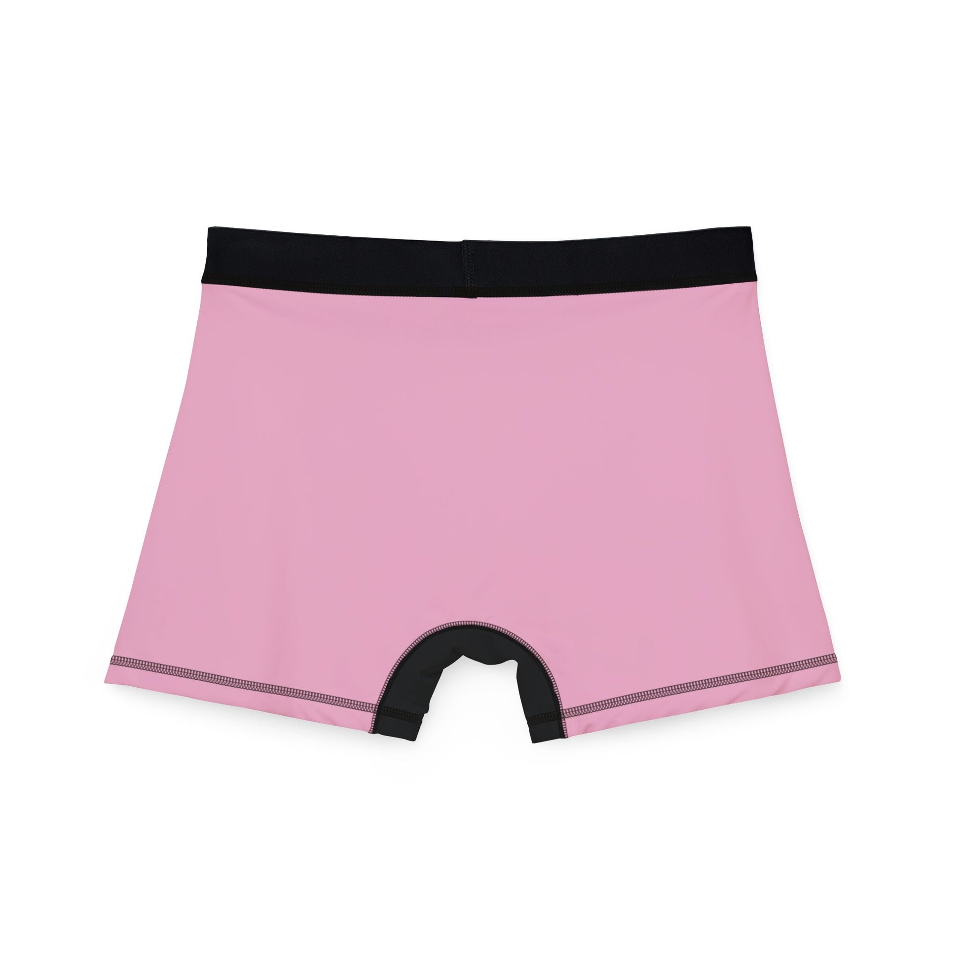 Flat lay of boxer briefs showing full pink back with black waistband and leg trim.