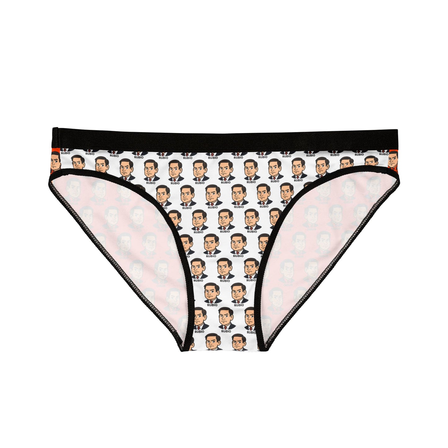 Front view of white panties with Marco Rubio face print and black waistband, laid flat
