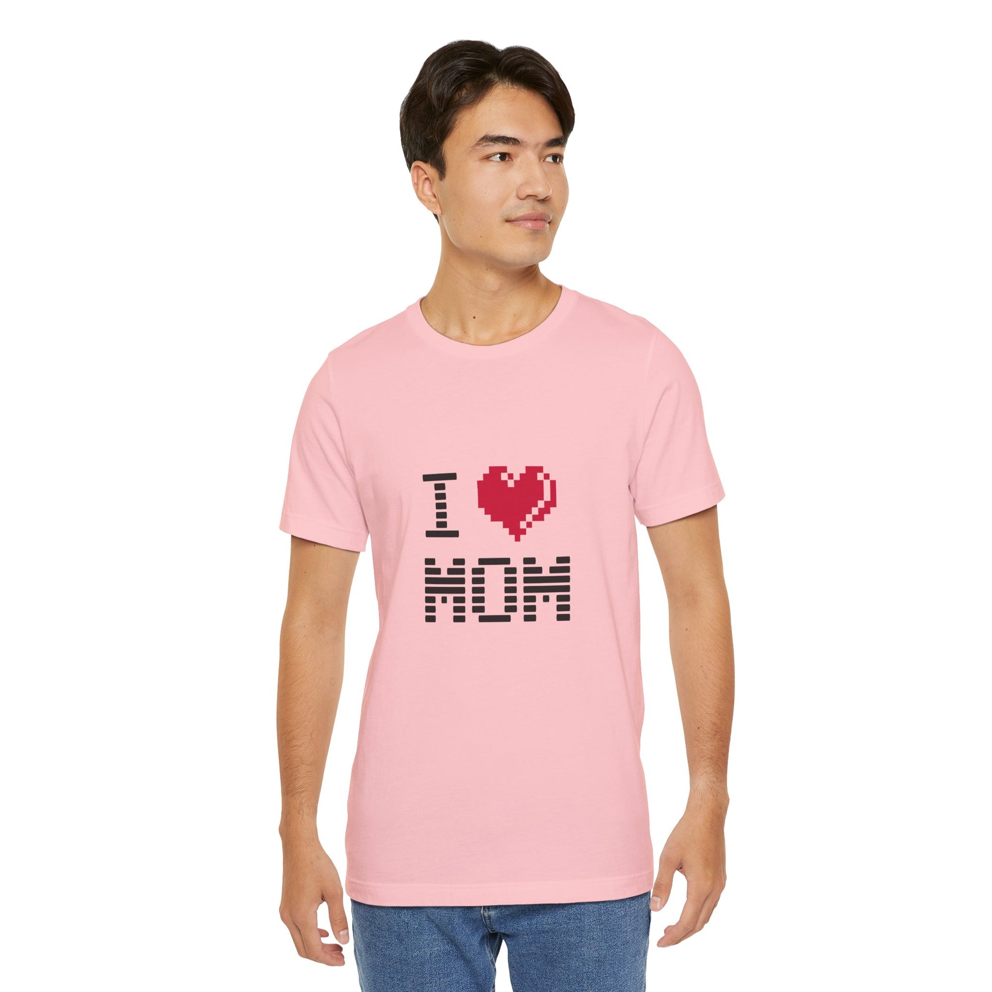 Man wearing pink I Love Mom Pixel Tee looking forward