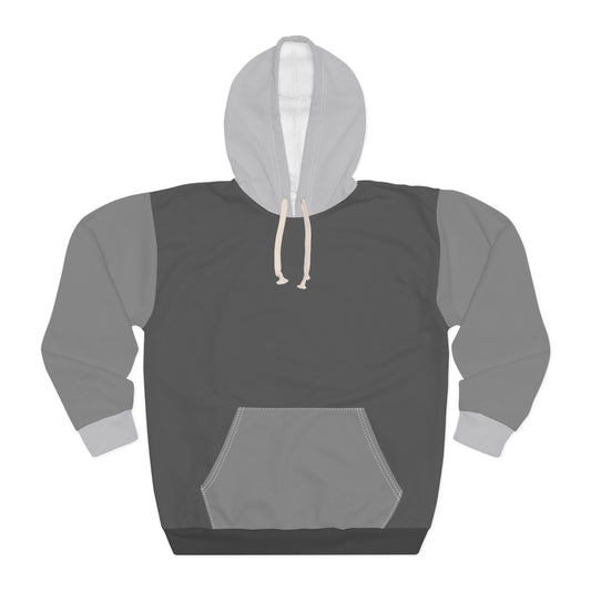 Storm Unisex Hoodie front view featuring sleek charcoal and light gray color block design with white drawstring hood and roomy kangaroo pocket