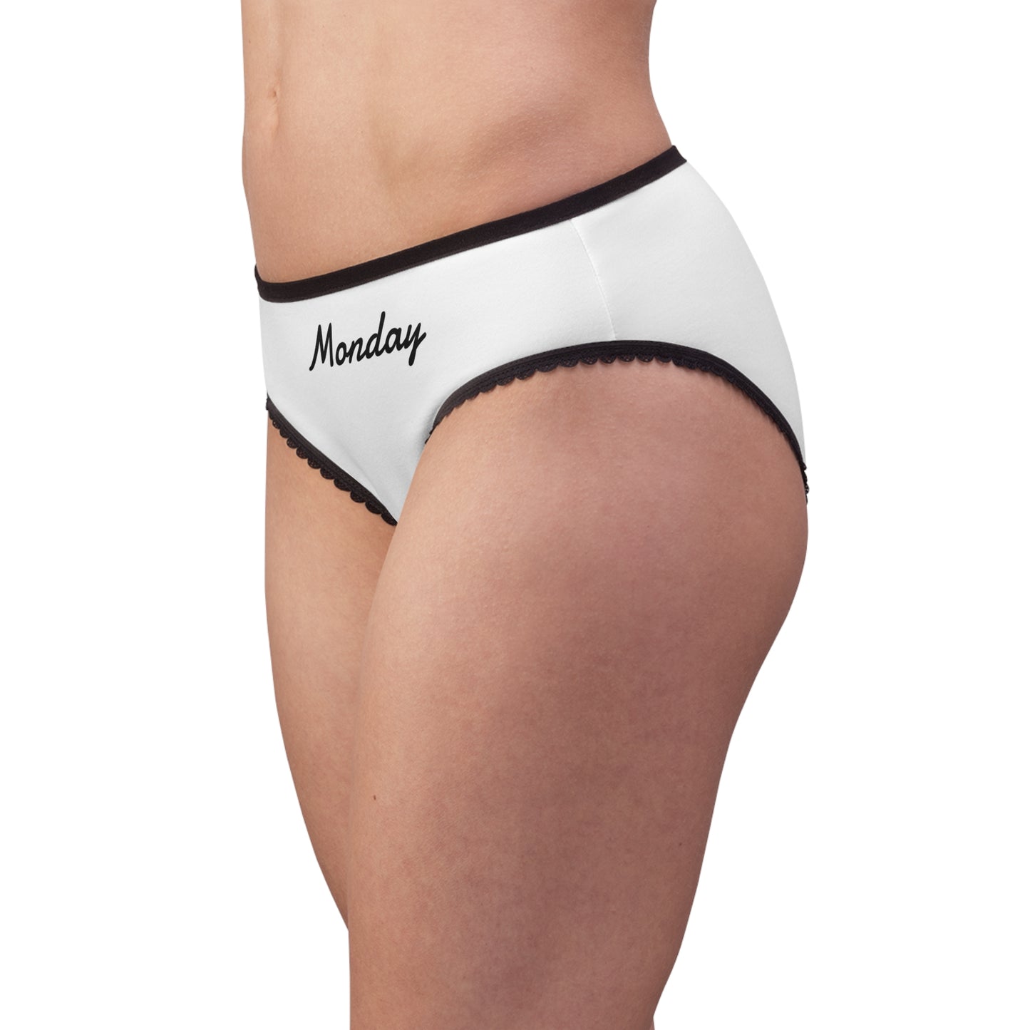 woman wearing monday panty side view white briefs black trim