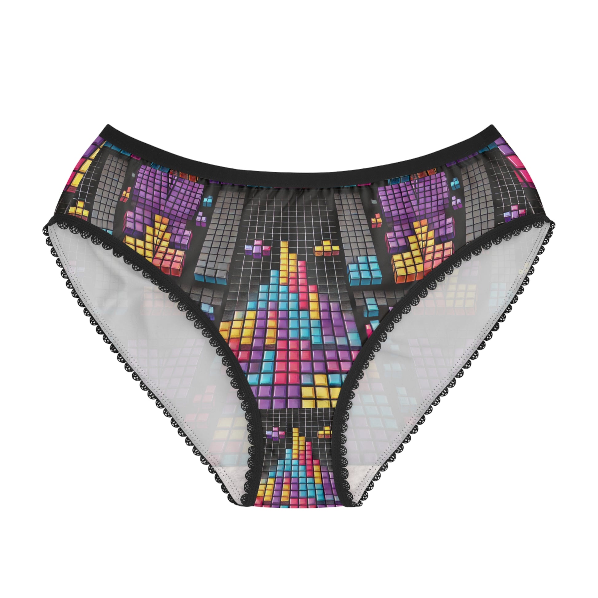 Tetris underwear women retro gaming panties colorful geometric block print black trim