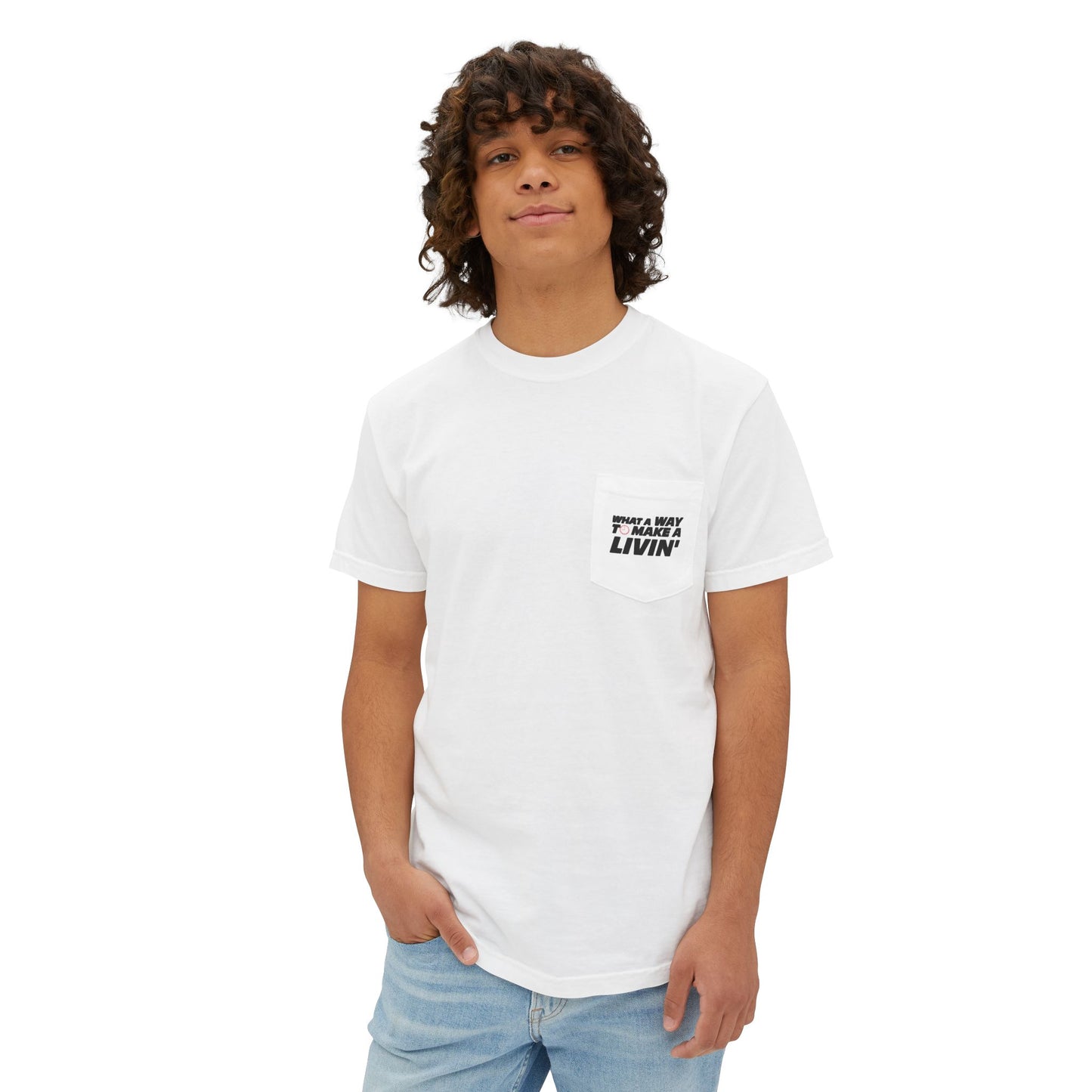 Model wearing White 9 to 5 pocket t-shirt in studio