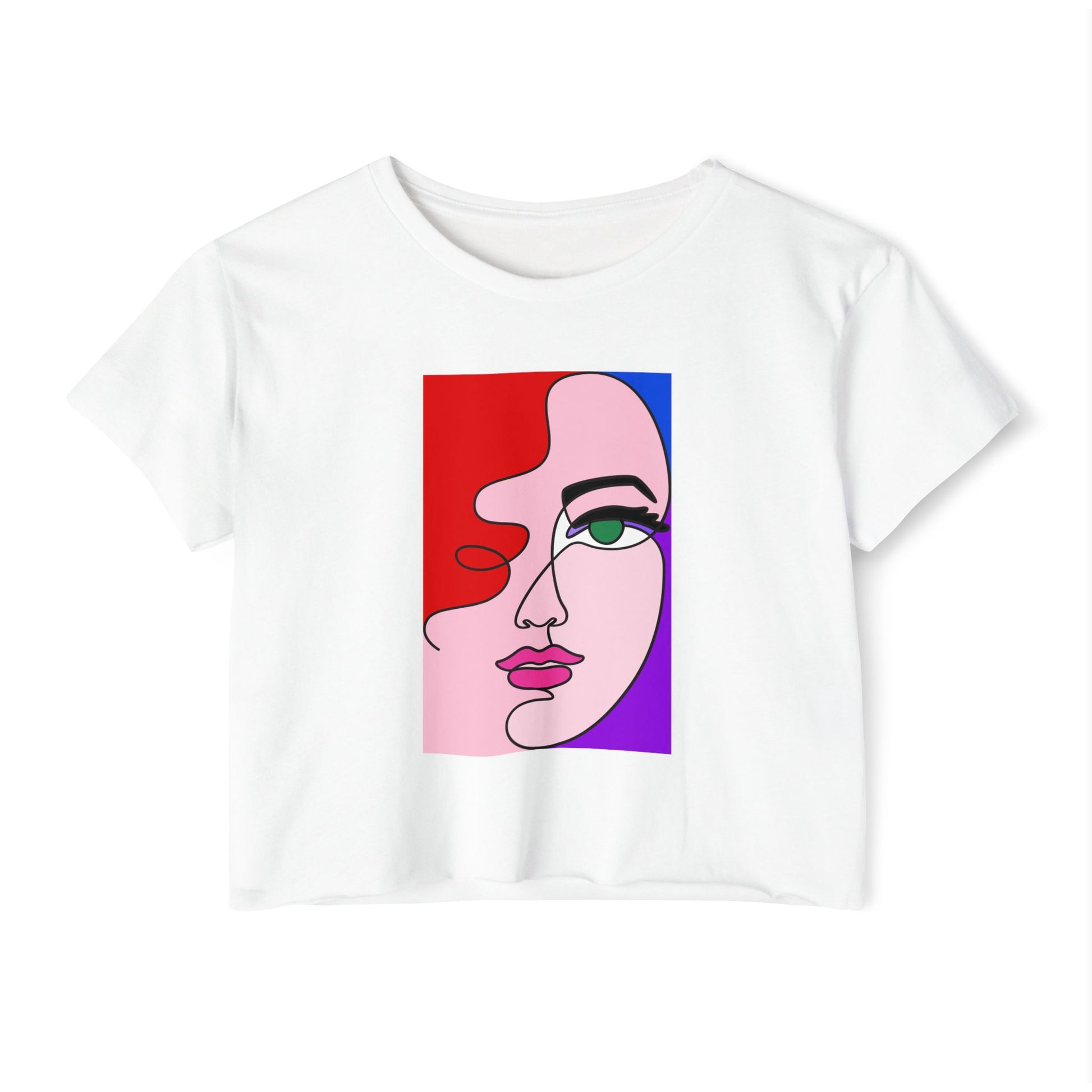 white abstract line art women’s crop top colorful graphic tee