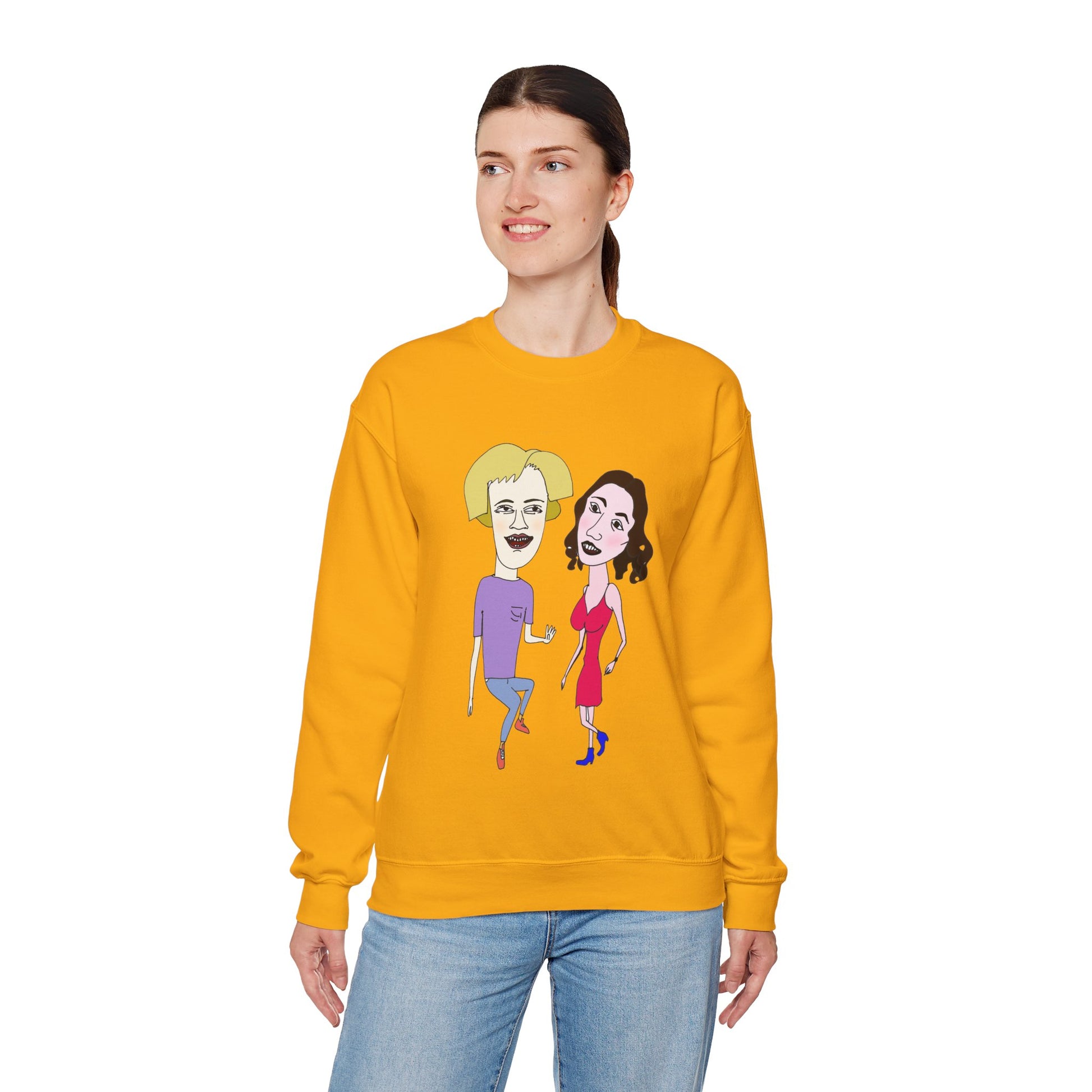 Woman modeling yellow Lily and Matthew sweatshirt.