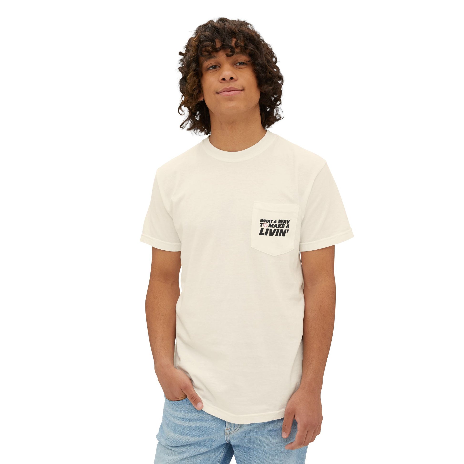 Model wearing Ivory 9 to 5 pocket t-shirt in studio