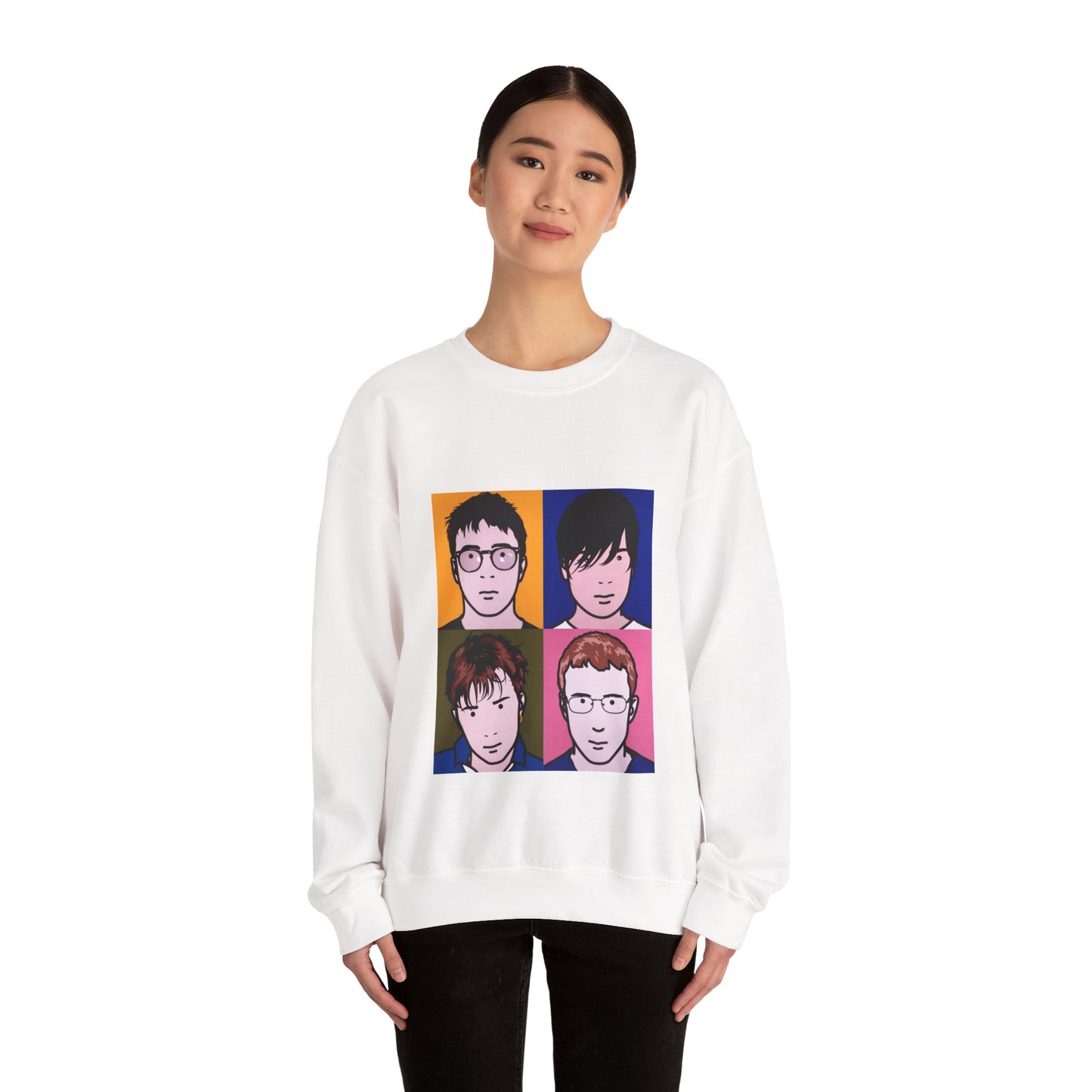 Female model wearing White Blur Tribute Unisex Sweatshirt with album art design.
