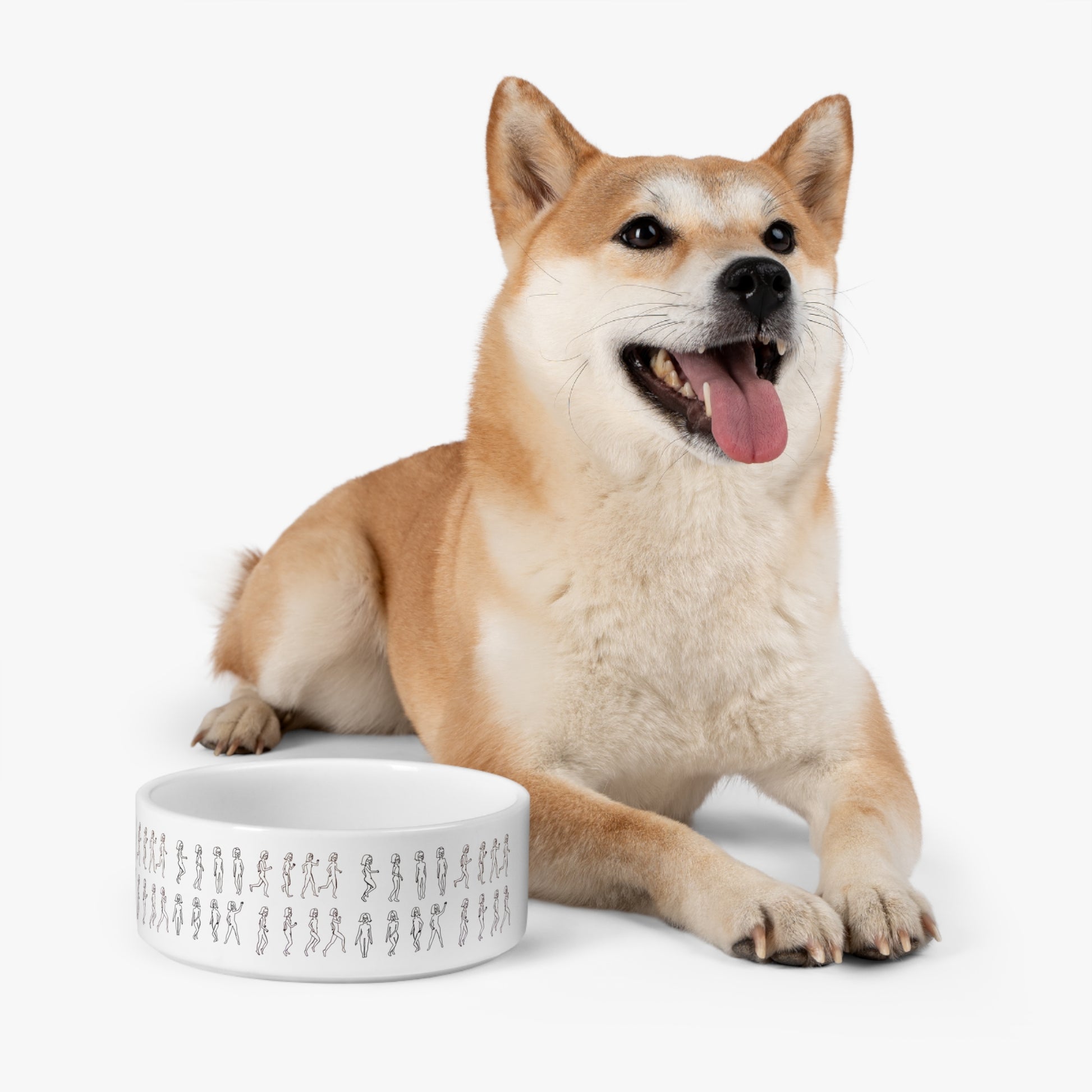 Shiba Inu sitting next to the white ceramic Running Out Pet Bowl with original artwork.