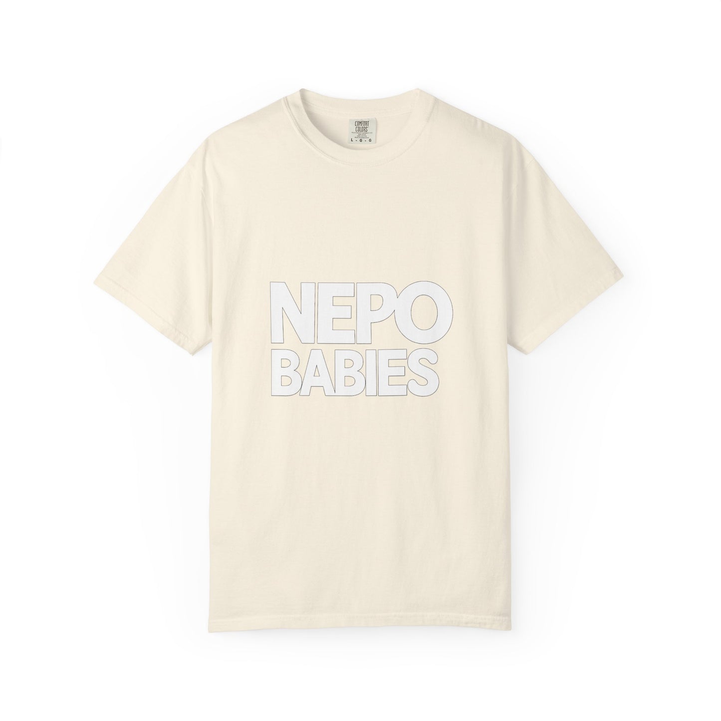 Beige t-shirt with 'NEPO BABIES' text on a white background