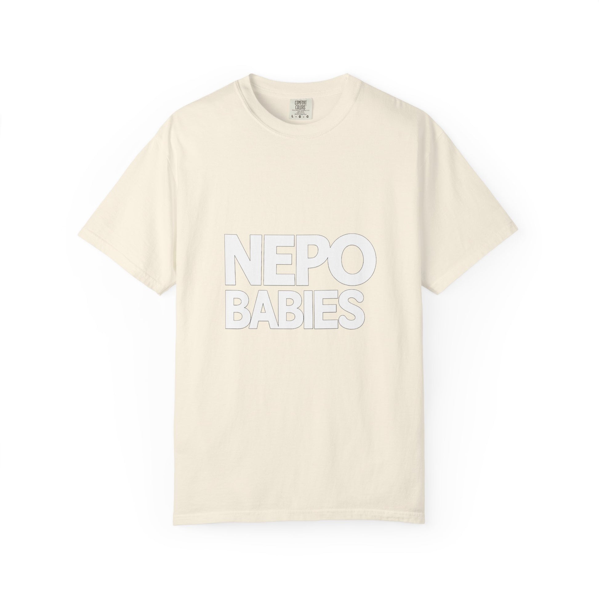 Beige t-shirt with 'NEPO BABIES' text on a white background