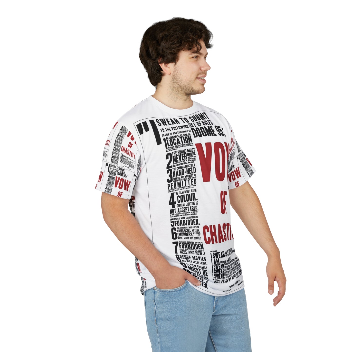 Man wearing a white t-shirt with red and black text design on a white background