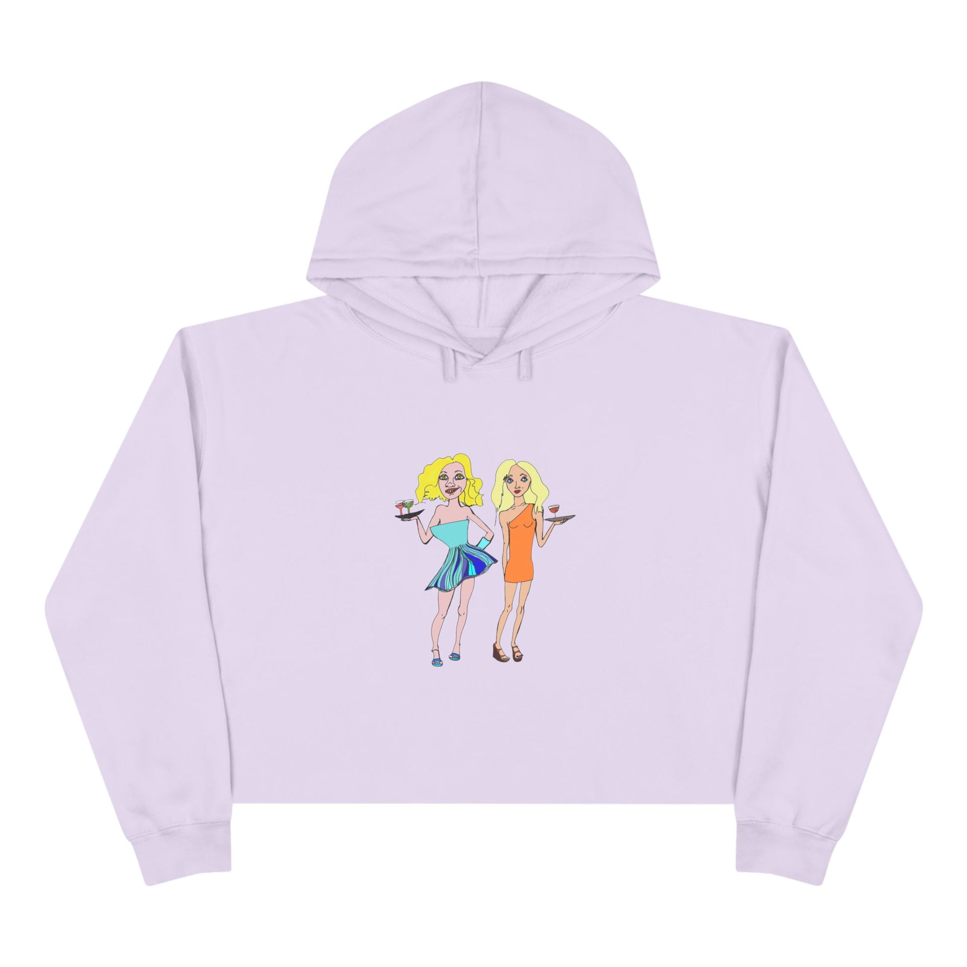 Waitress Crop Unisex Hoodie in lavender laid flat with original waitress artwork