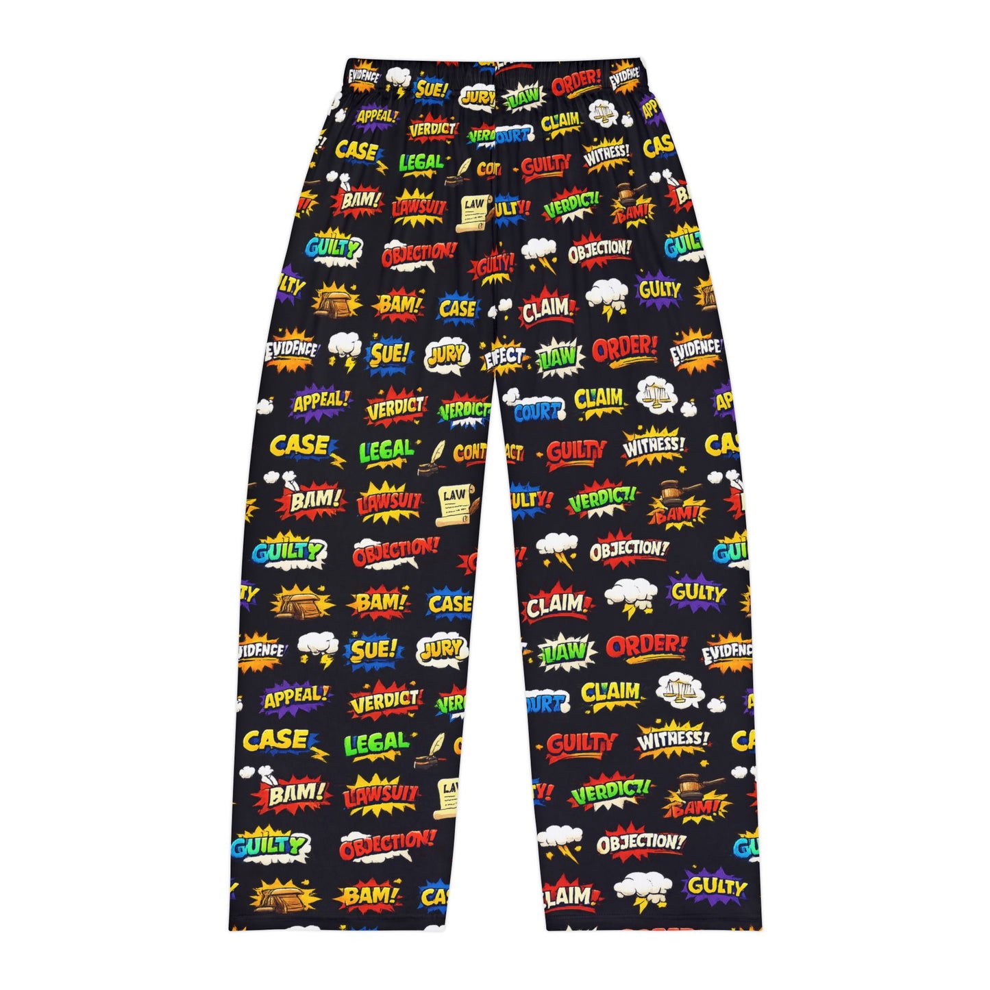Funny lawyer pajama pants for men with comic style legal text print back view