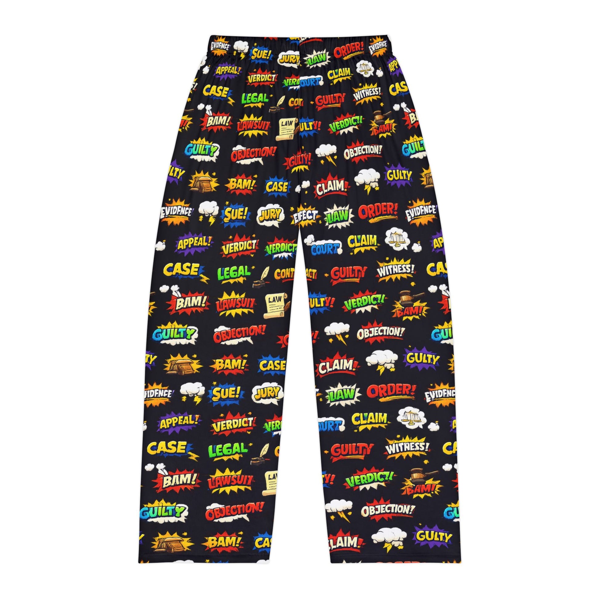 Funny lawyer pajama pants for men with comic style legal text print back view