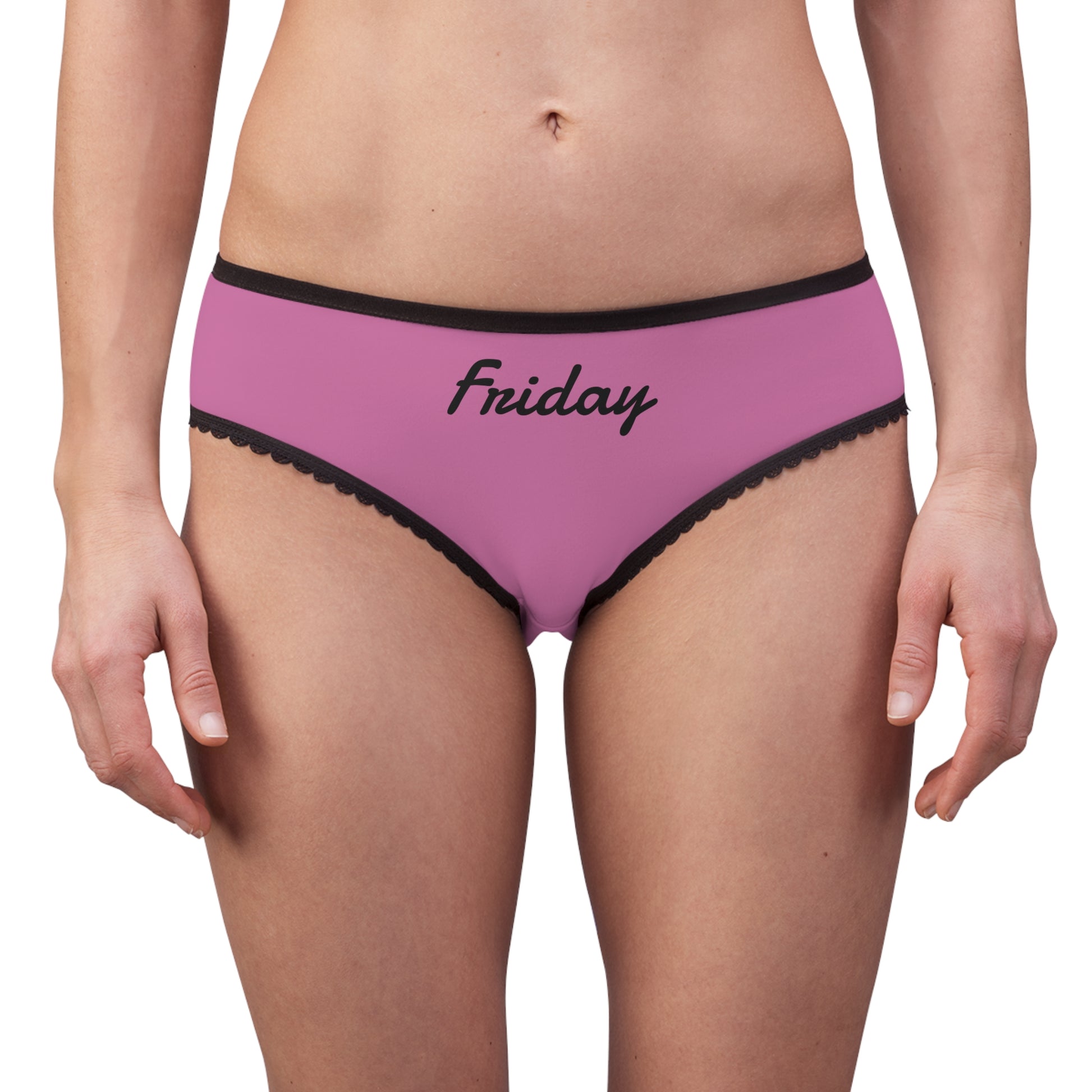 woman wearing friday underwear pink briefs black trim front view