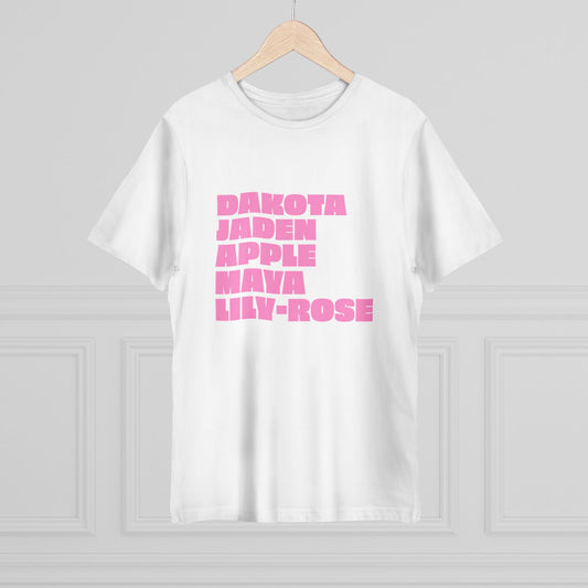 White Nepo Babies List T-Shirt with pink lettering on hanger