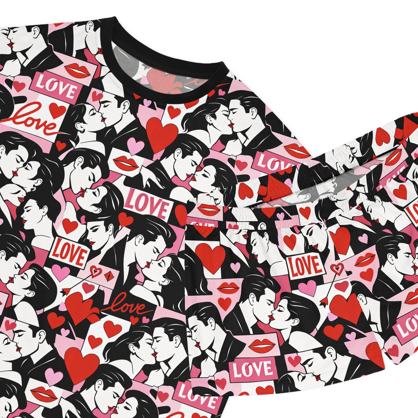 Flat lay detail of women’s pajama set showing bold love, heart, and kiss graphic pattern