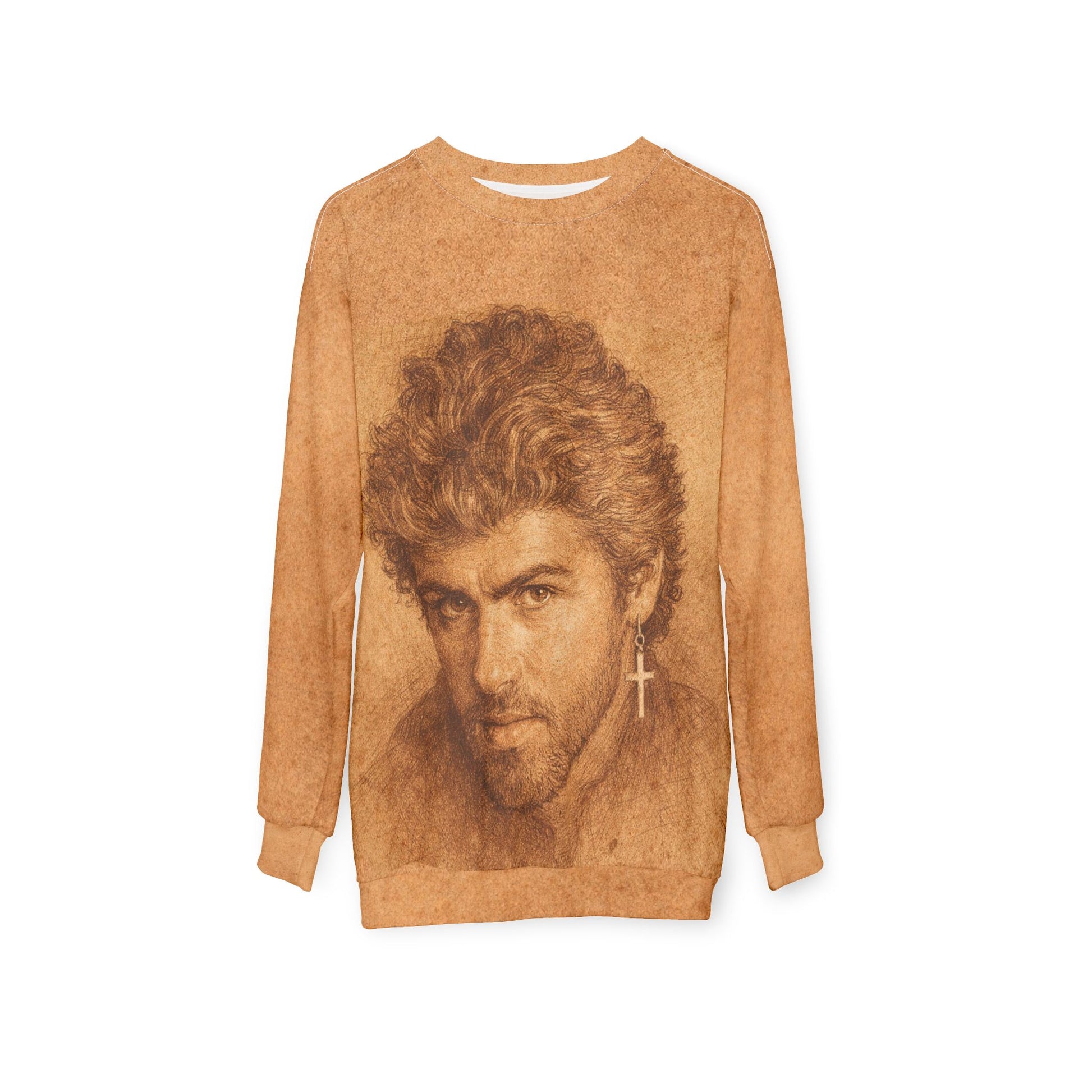 Flat lay front view of sepia toned George Michael portrait sweatshirt