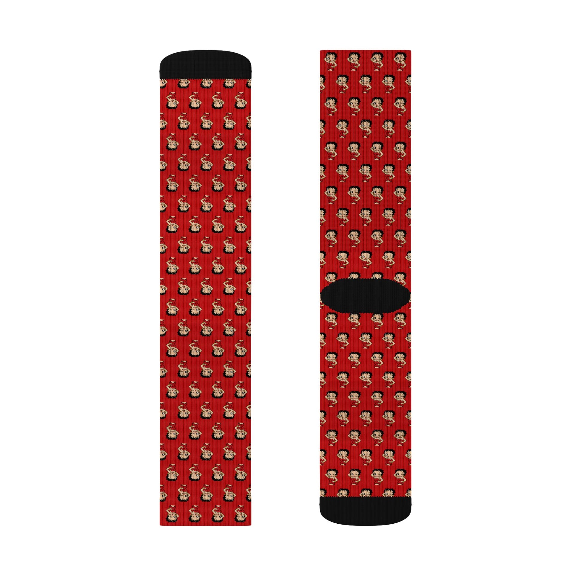Single red Betty Boop crew sock showing ribbed tube and cartoon pattern