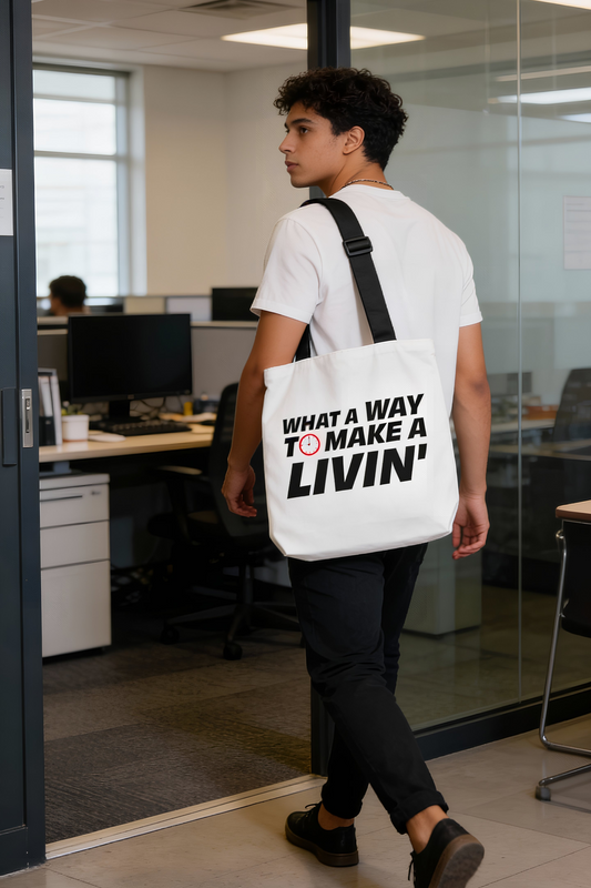 Model wearing 9 to 5 Adjustable Tote Bag in office hallway