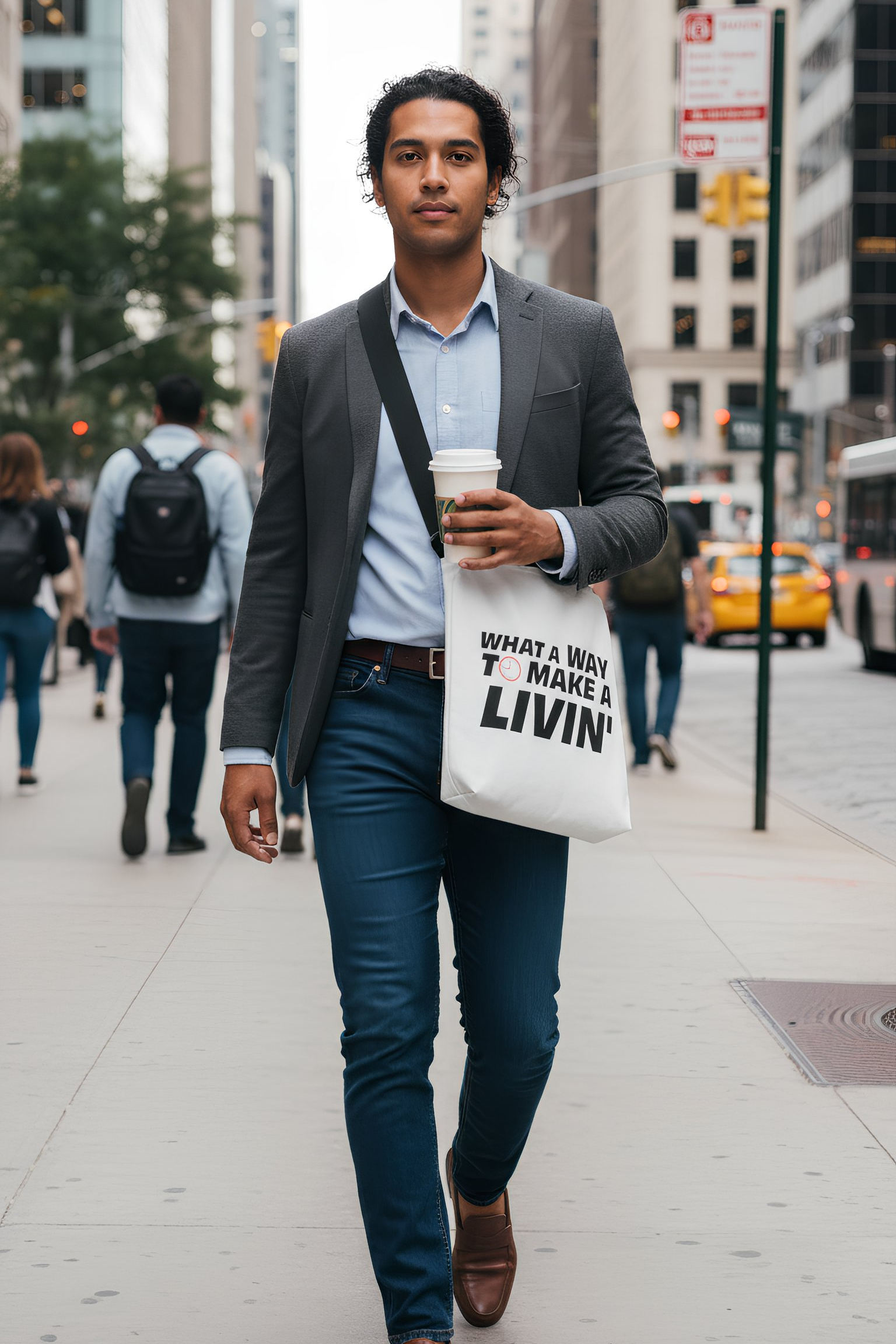 Model wearing 9 to 5 Adjustable Tote Bag on city street – lifestyle photo outdoors with tote on shoulder
