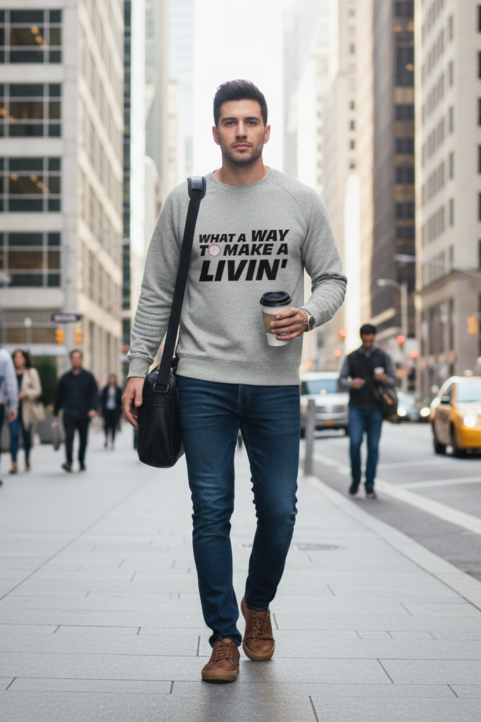 Man wearing 9 to 5 sweatshirt walking in city street