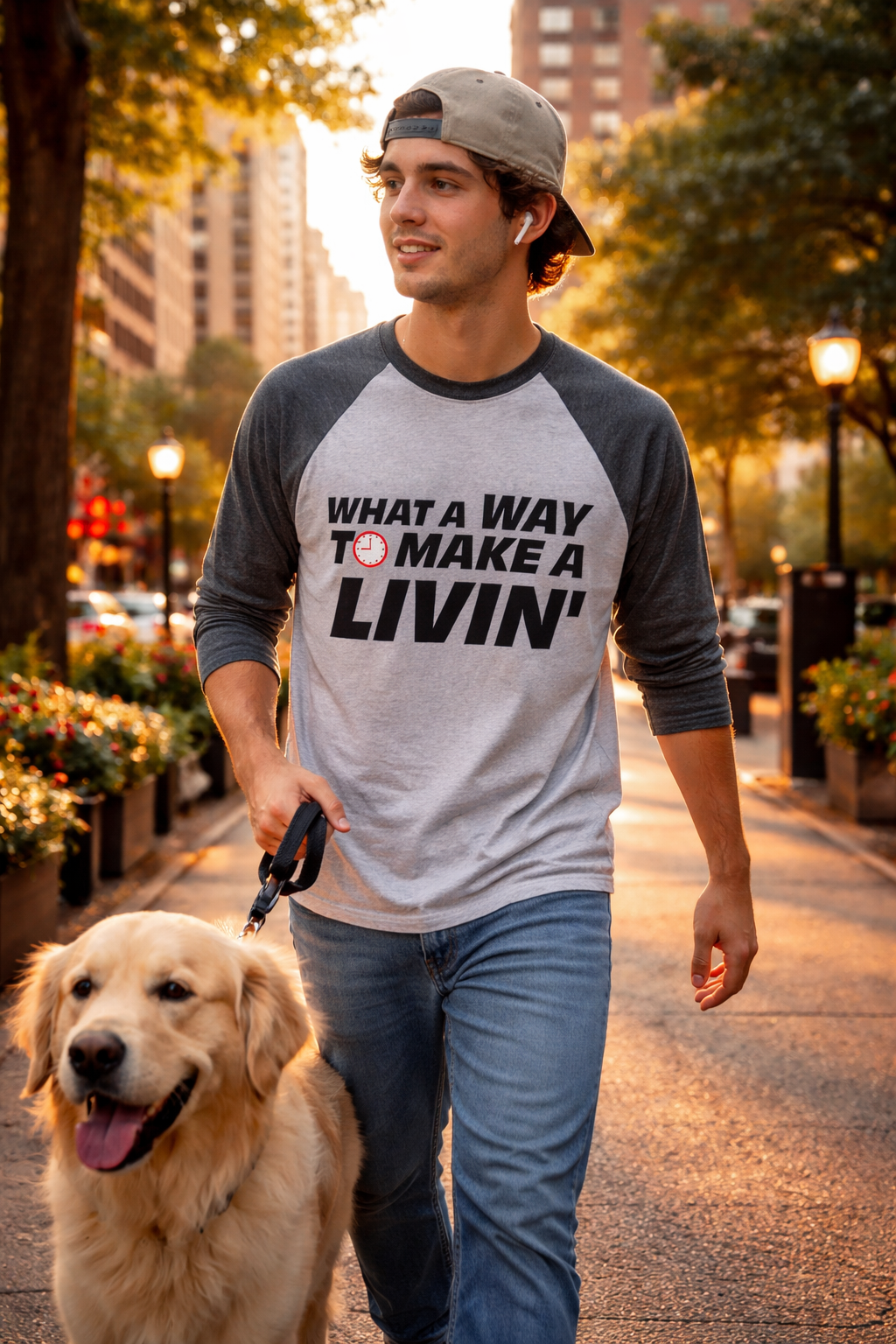 man wearing funny 9 to 5 long sleeve t shirt walking dog city casual outfit
