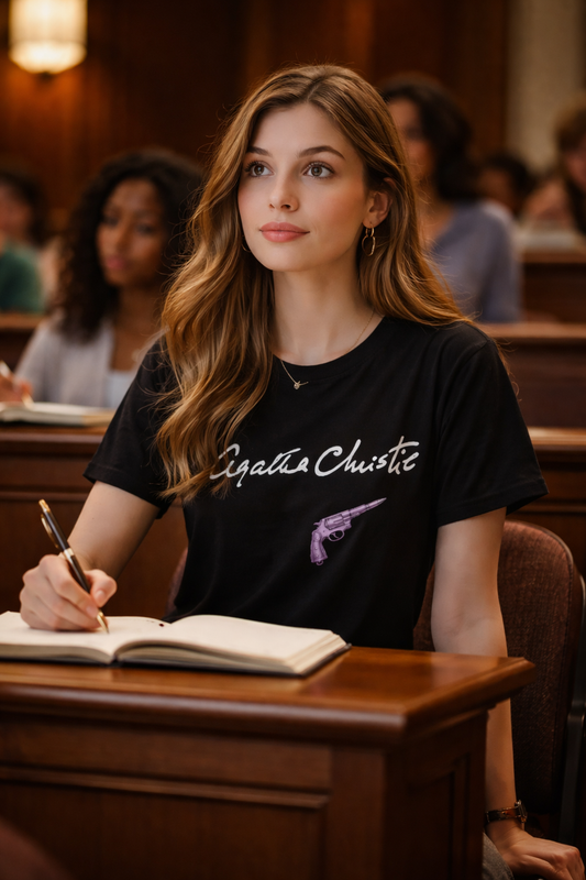 agatha christie inspired mystery t shirt woman reading book lifestyle scene