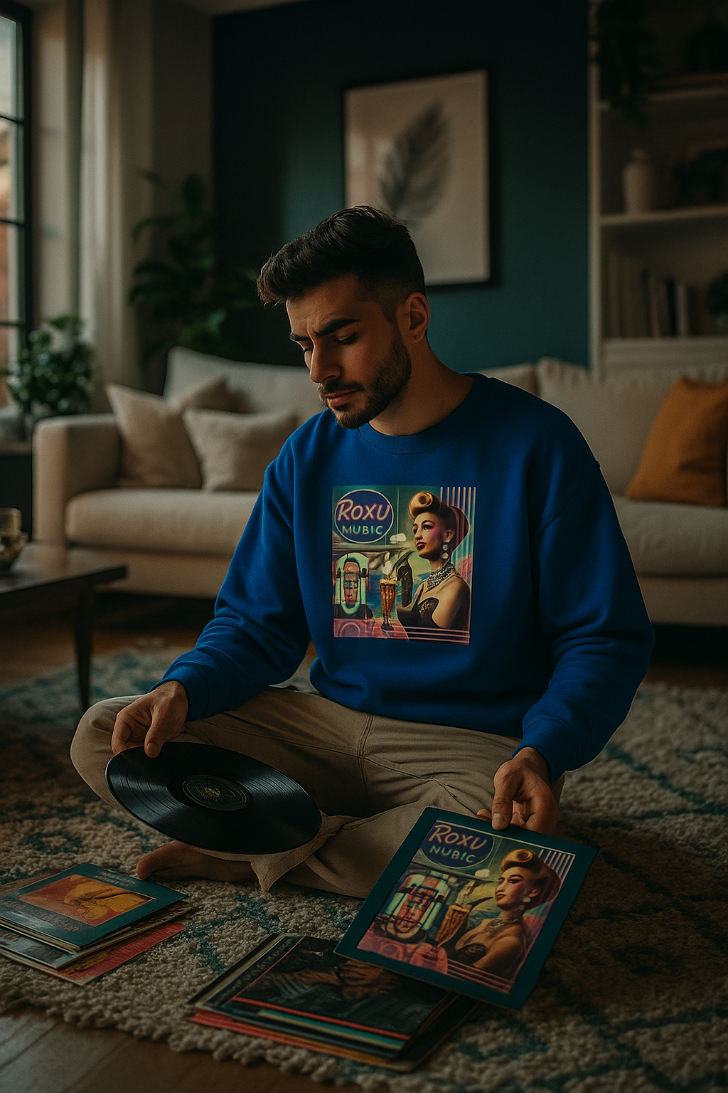 Man sitting on a rug with vinyl records and a blue sweatshirt featuring a graphic design.