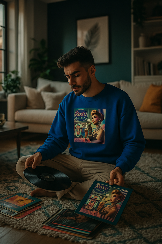 Man sitting on a rug with vinyl records and a blue sweatshirt featuring a graphic design.