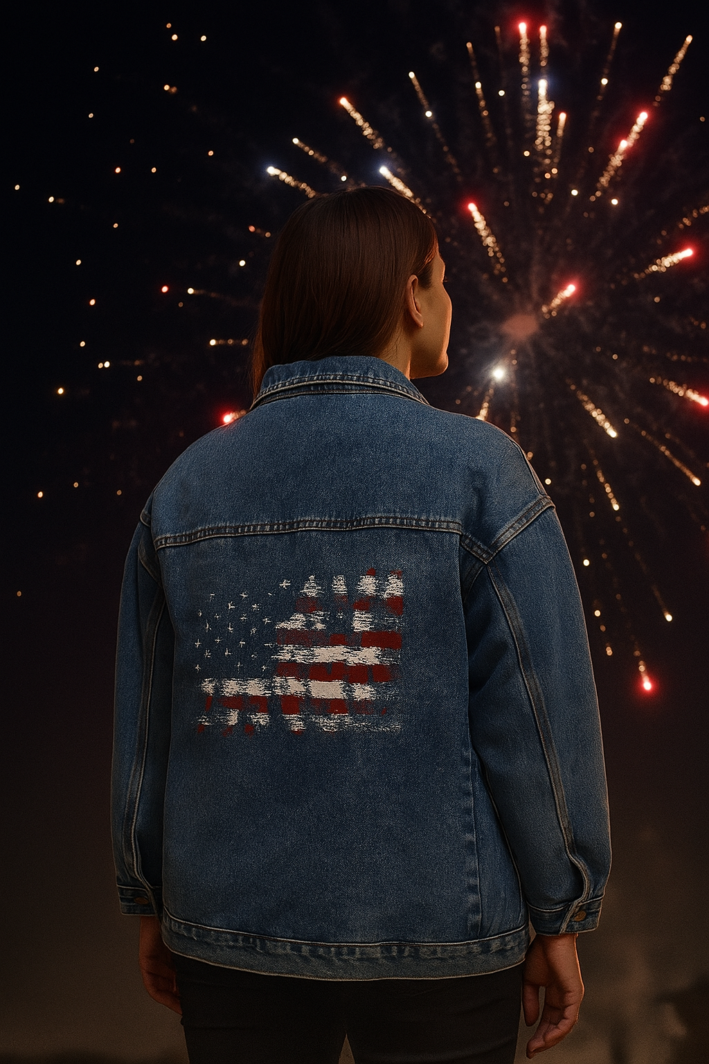 Close-up back view of Americana Women’s Denim Jacket with distressed American flag patch