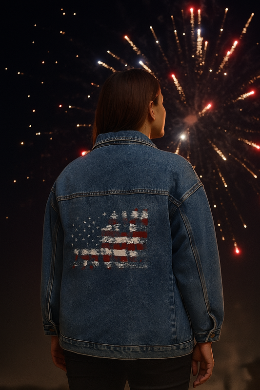 Close-up back view of Americana Women’s Denim Jacket with distressed American flag patch