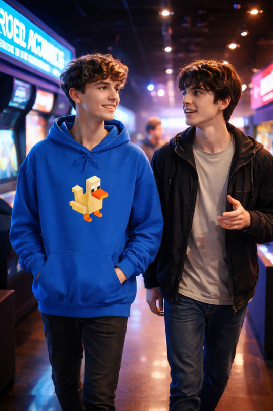 Retro pixel duck gaming hoodie worn by young adults in arcade, unisex gamer streetwear sweatshirt