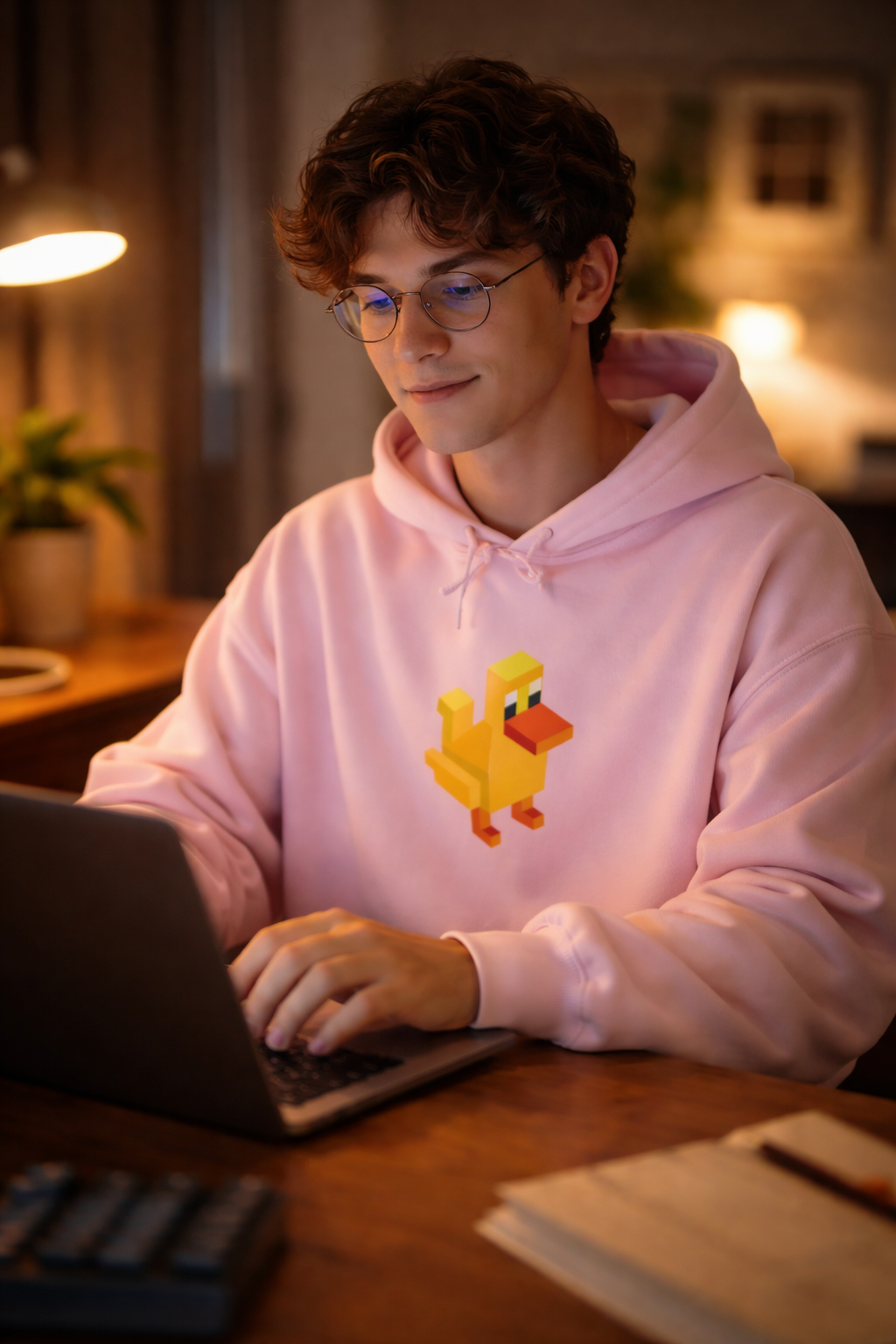 A young Gen Z wearing a Pink Arcade Duck unisex hoodie, as he works in his laptop in a calm, well decorated living room in the background.