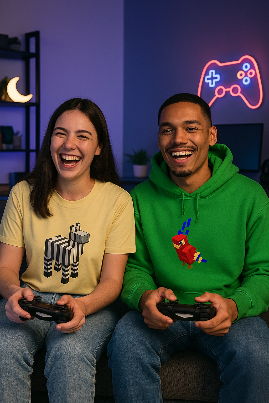 Arcade Parrot Hooded Sweatshirt – Retro Gaming Hoodie worn by two gamers playing video games