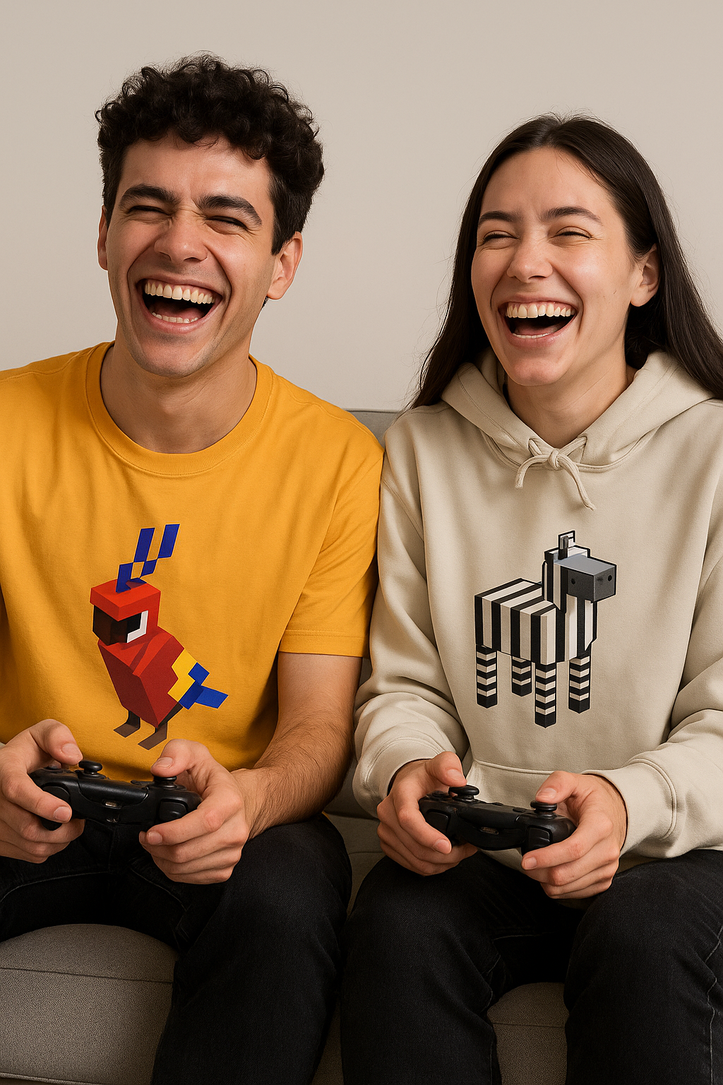 Arcade Zebra Hooded Sweatshirt – Retro Gaming Pixel Hoodie worn by couple holding game controllers