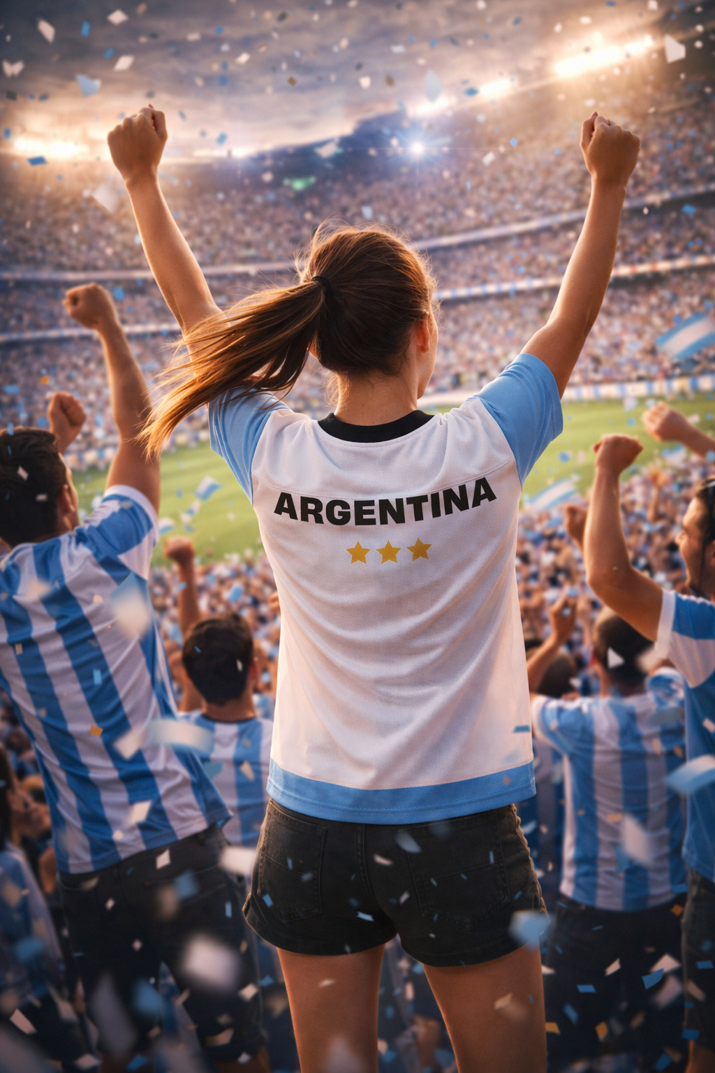 woman wearing argentina jersey celebrating in stadium world cup 2022 football fan shirt