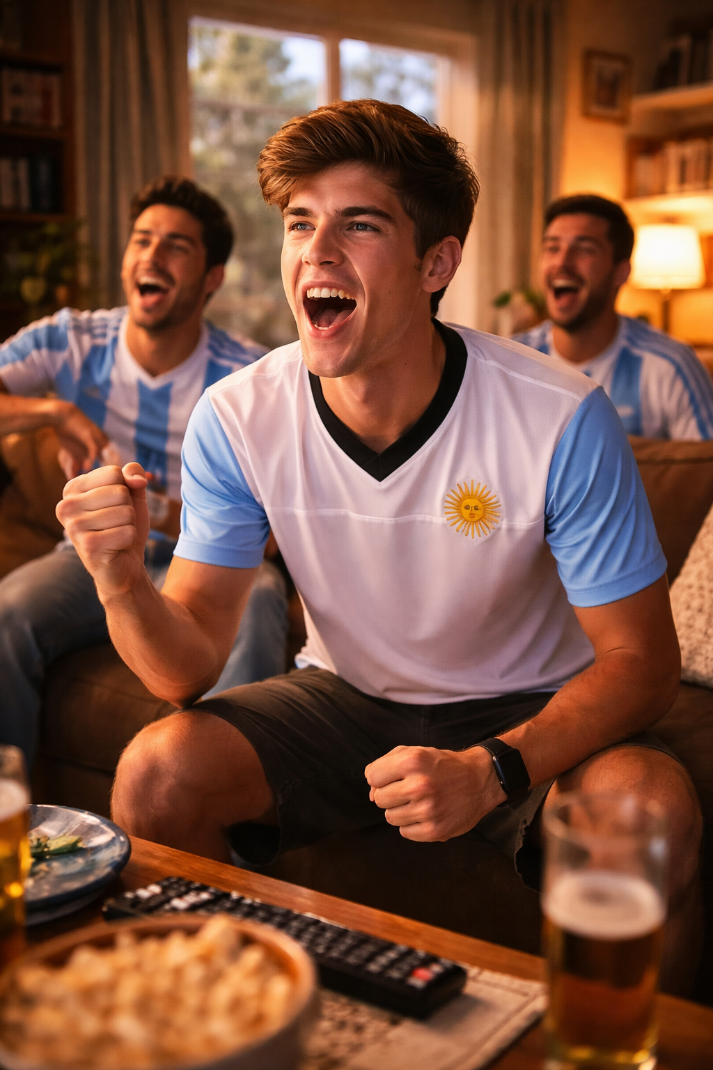 man wearing argentina jersey watching football game celebrating world cup 2022 win