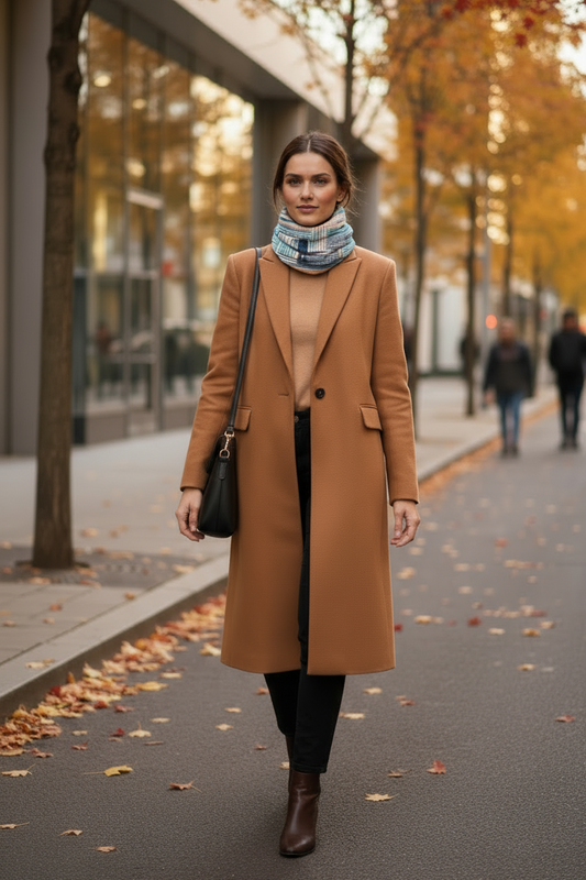 Artsy Blue and Orange Tube Scarf worn as neck gaiter by woman walking outdoors