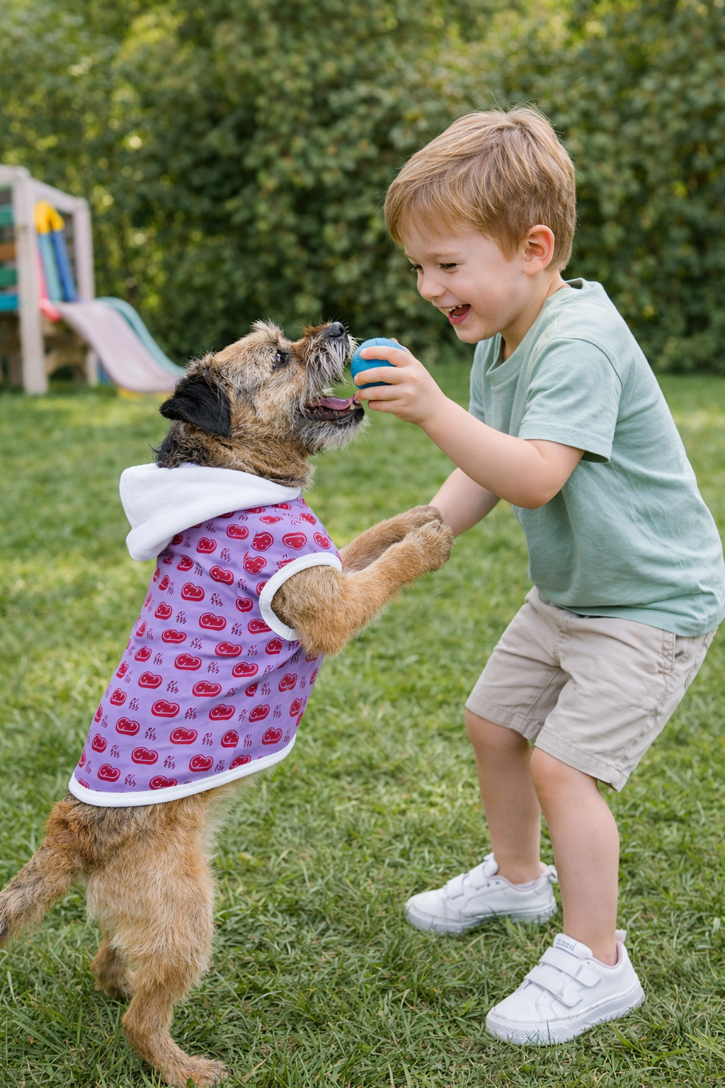 Child playing with a dog in a garden