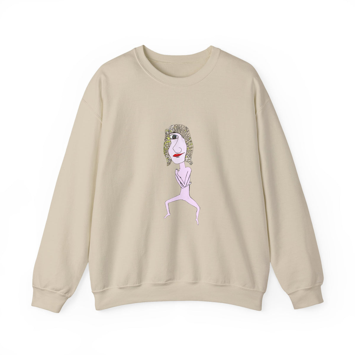 Front view of beige Hair Dude crewneck sweatshirt with hand-drawn character graphic.