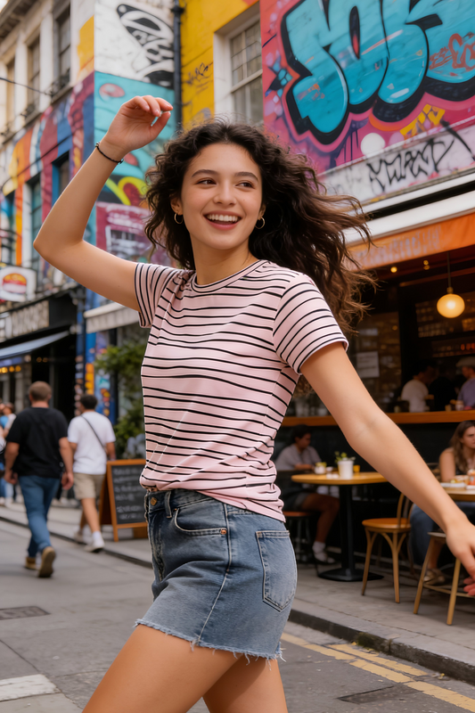 Black Stripes Women’s T-Shirt lifestyle model wearing fitted striped tee