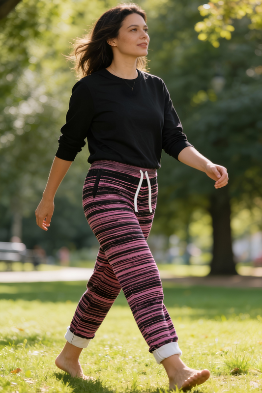 Woman walking outdoors wearing black and pink striped joggers with white sneakers, casual active lifestyle outfit