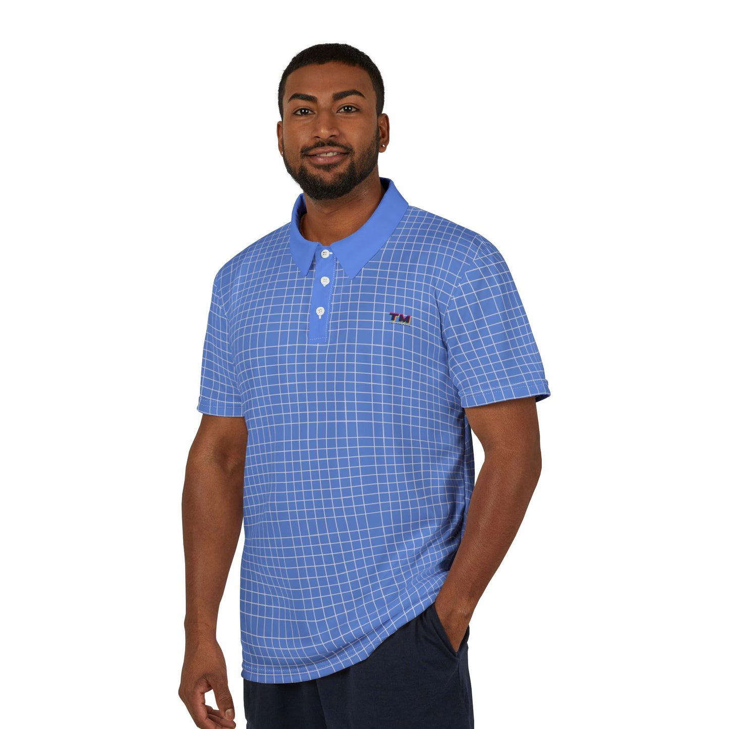 male model wearing blue grid unisex polo shirt front view breathable lightweight casual polo shirt