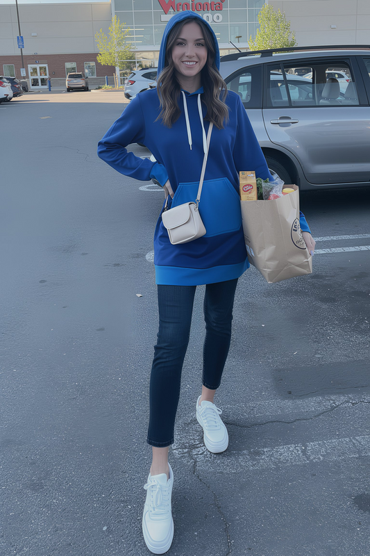 Blue & Celeste Hoodie Dress worn by woman shopping with groceries
