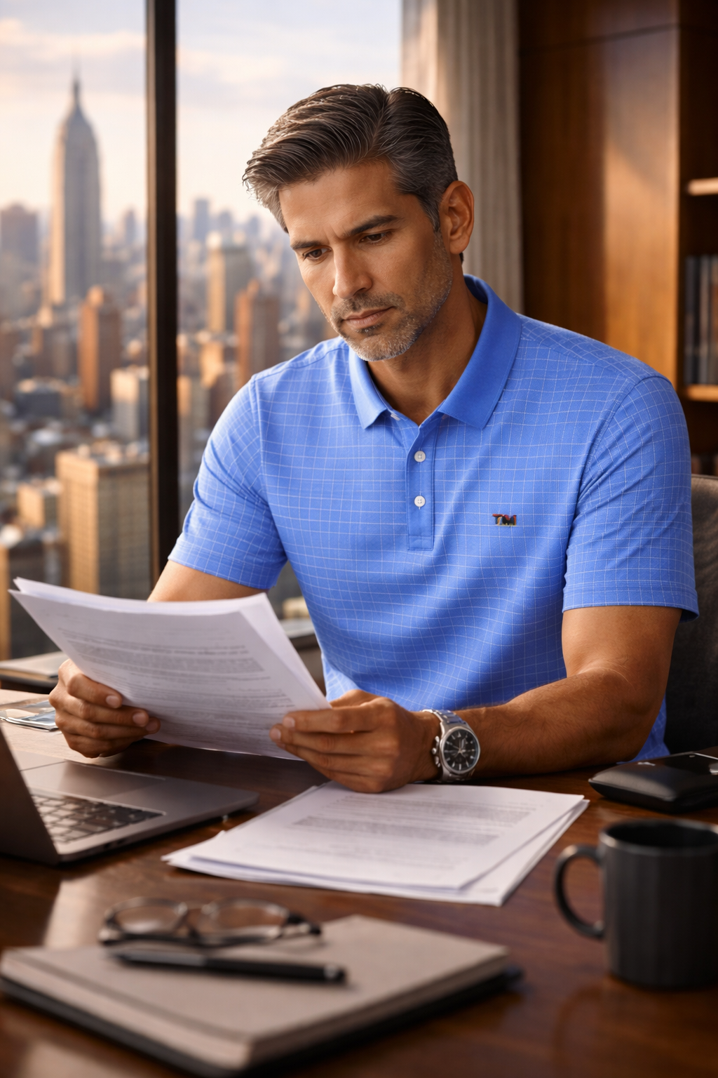 man wearing blue grid polo shirt reading at desk smart casual breathable polo shirt for everyday wear